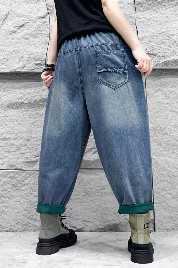 Ethnic Style Ripped Distressed Washed Denim Loose Harem Pants