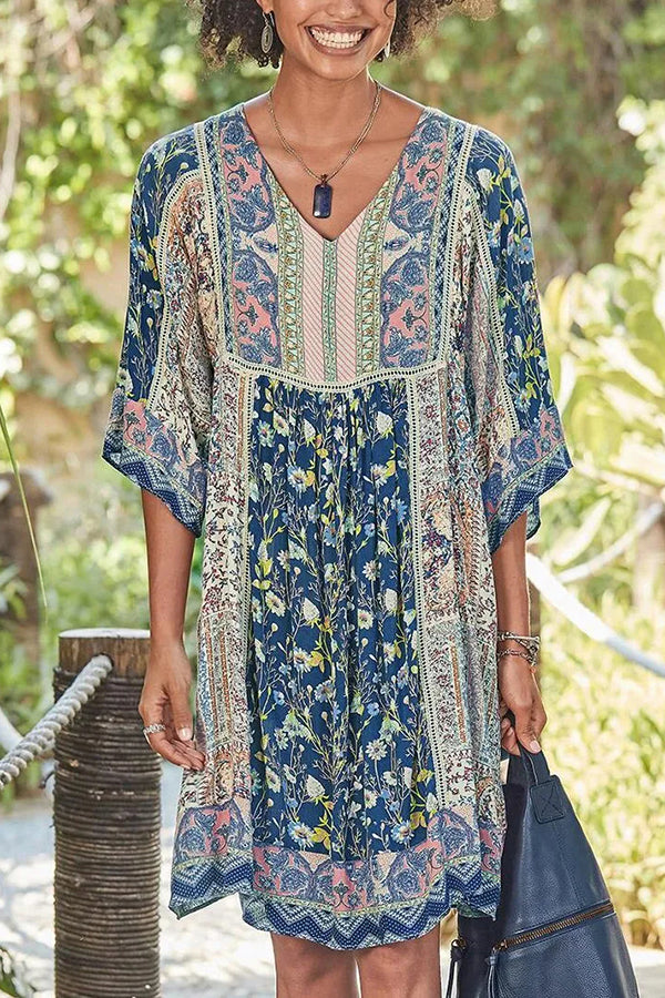 V Neck Half Sleeve Printed Bohemian Dress