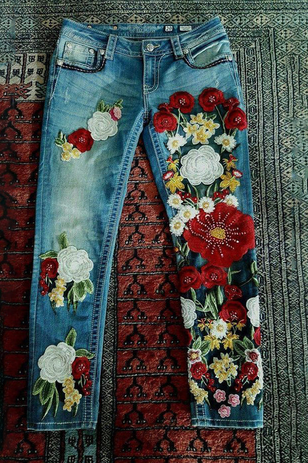 Appliqu¨¦d Embroidered Retro Jeans