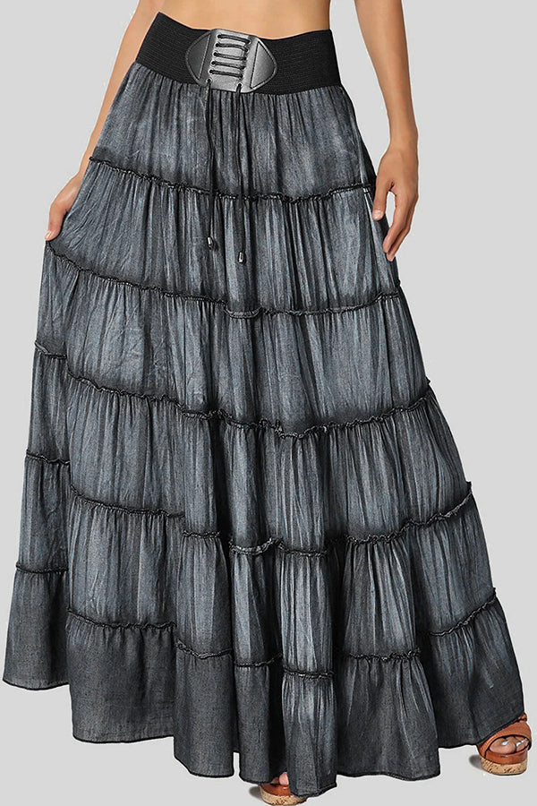 Daily Waistband Drawstring Quilted Tiered Denim Maxi Skirt