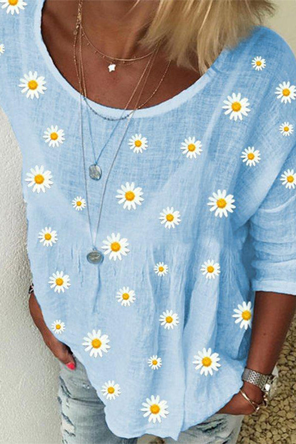 Loose Plus Size Daisy Print Linen Top