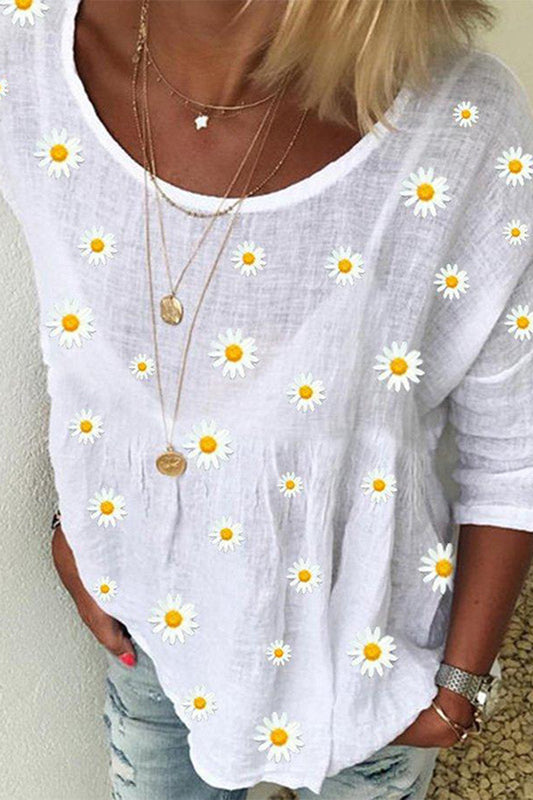 Loose Plus Size Daisy Print Linen Top