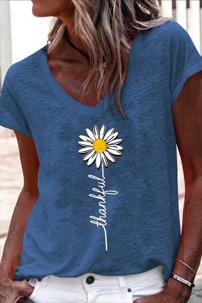 Women's Thankful Daisy V Neck Regular Fit Cotton-Blend Casual T-Shirt