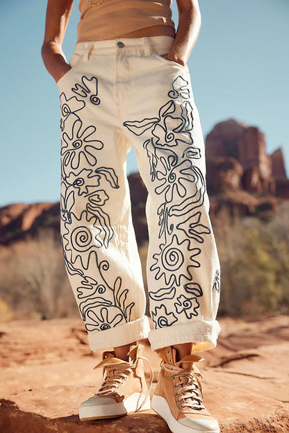 Line Print White Jeans