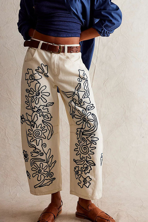 Line Print White Jeans