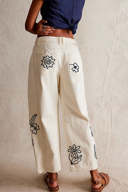 Line Print White Jeans