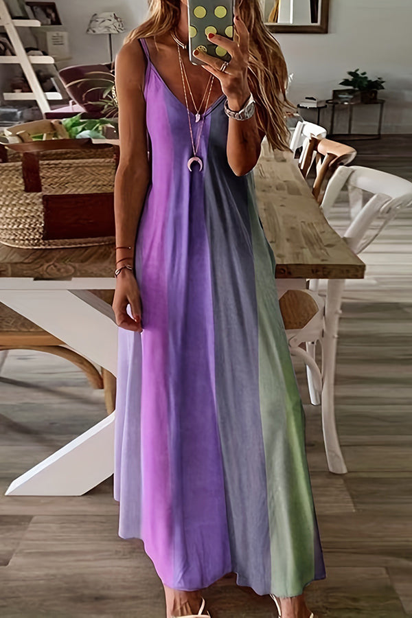 Casual And Comfortable Vertical Stripe Color Block Maxi Dress