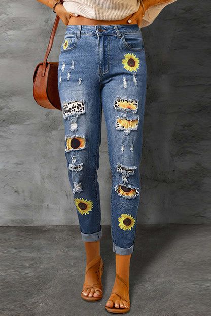 Printed Distressed Slim Fit Jeans