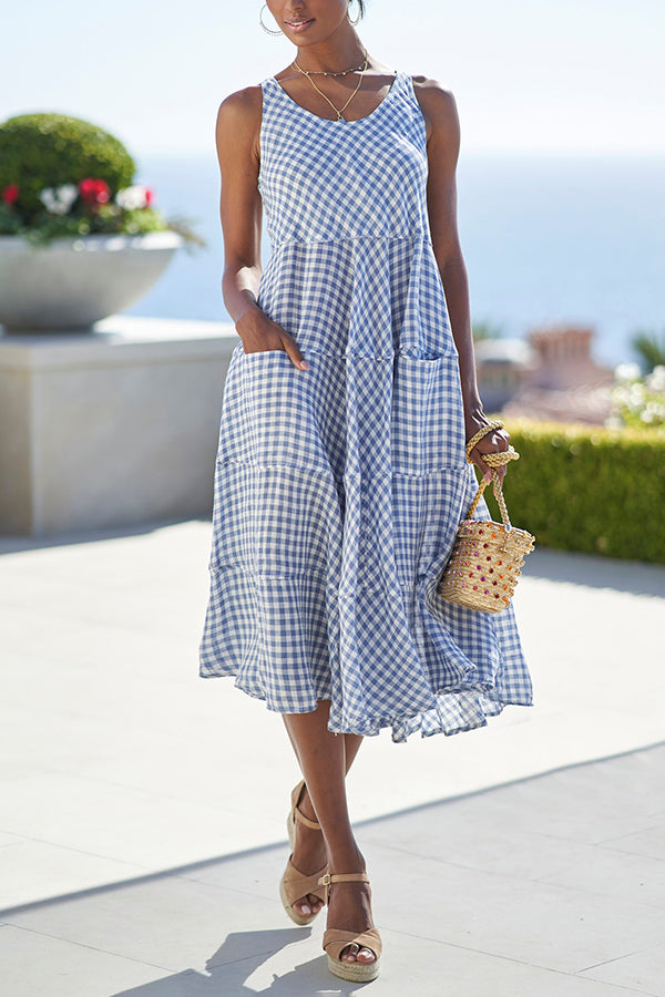 Linen Plaid Sleeveless Midi Dress