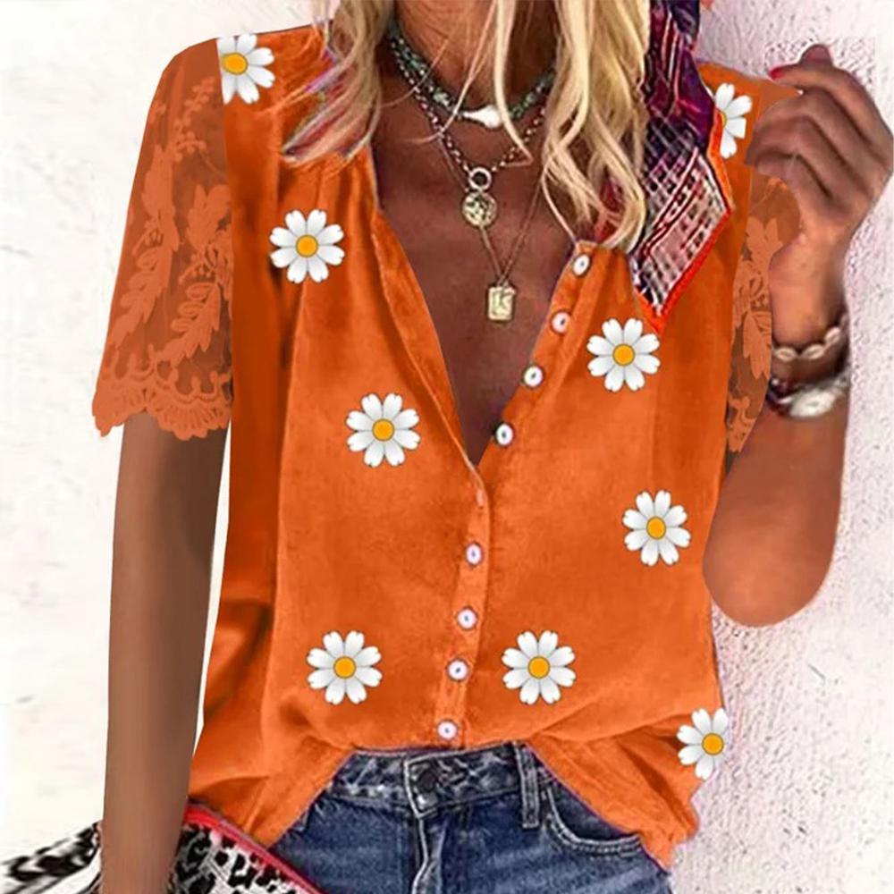 Orange Floral Print Short Sleeve Shirt