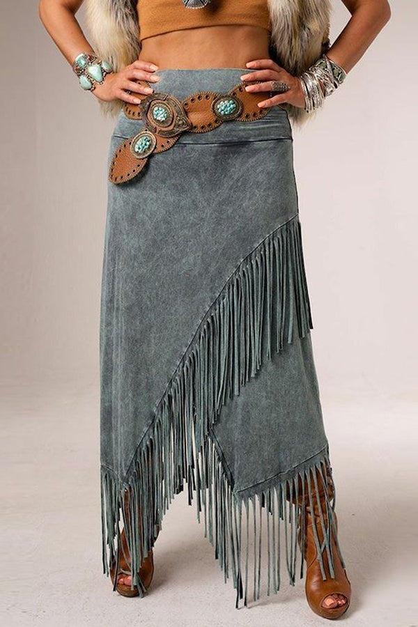 Retro Plain High Waist Asymmetrical Tassel Maxi Skirt