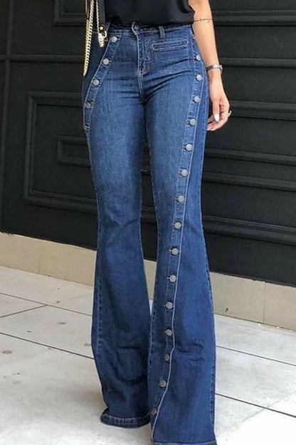 Fashion Plain Button Decor Flare Leg Long Denim Pants