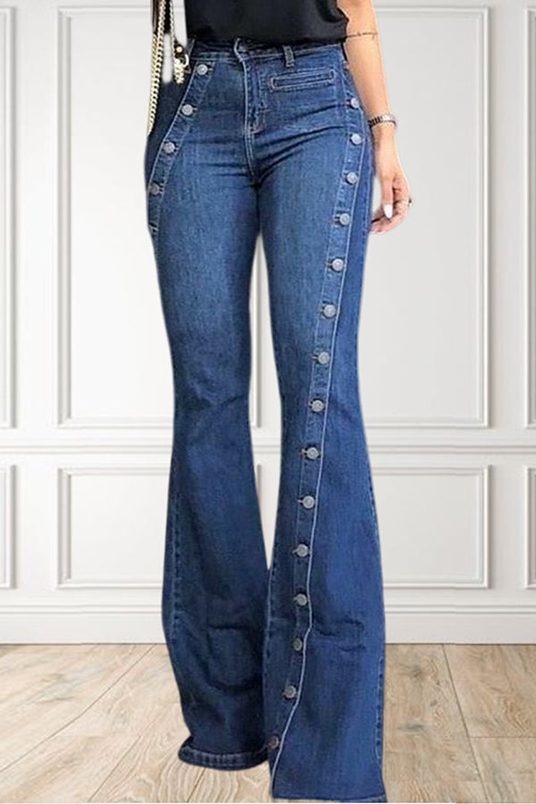 Fashion Plain Button Decor Flare Leg Long Denim Pants