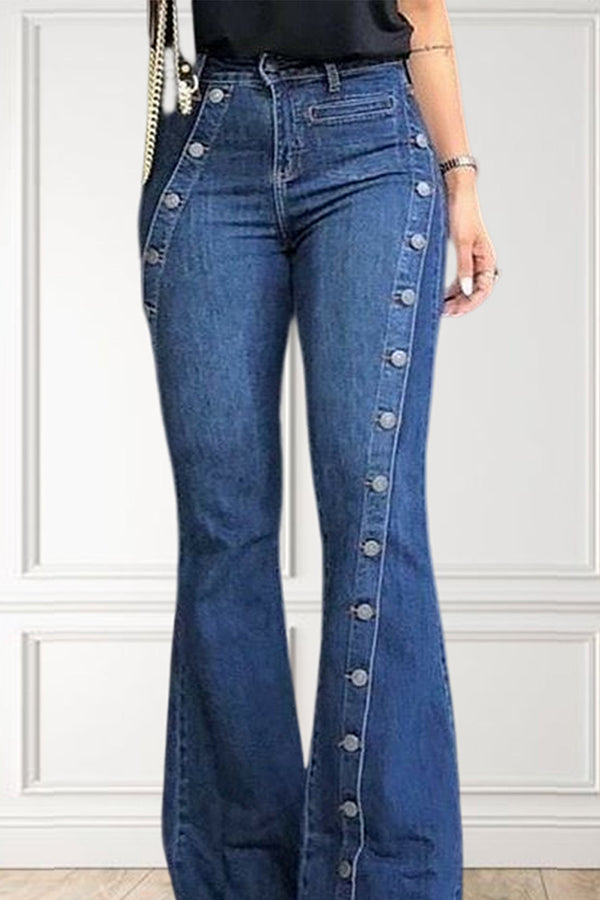 Fashion Plain Button Decor Flare Leg Long Denim Pants