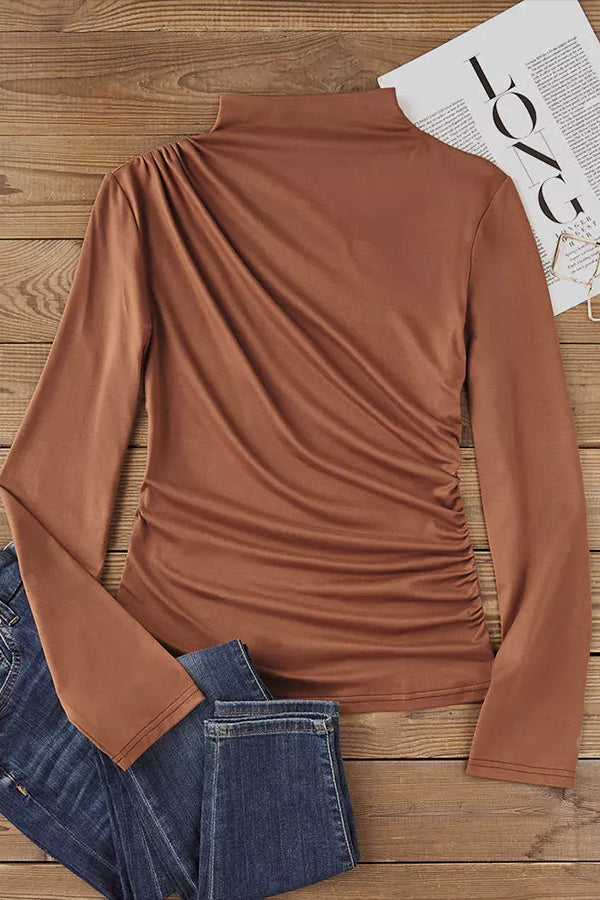 Plain Ruched Mock Neck Long Sleeve Blouse - Dark Brown