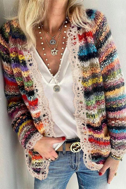 Lace Multicolor Long Sleeve Pocket Sweater Cardigan