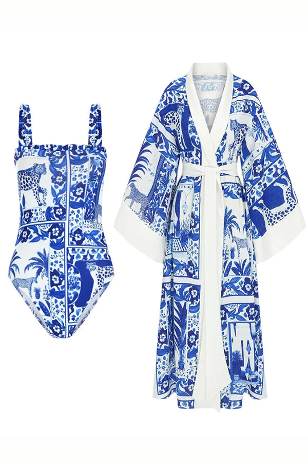 Blue Plam Printed One Piece And Cover-Up