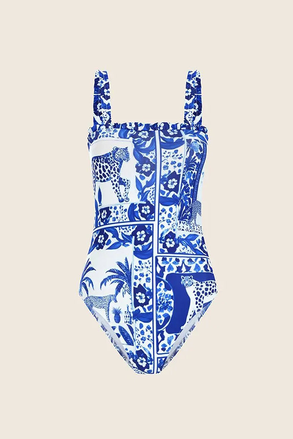 Blue Plam Printed One Piece And Cover-Up