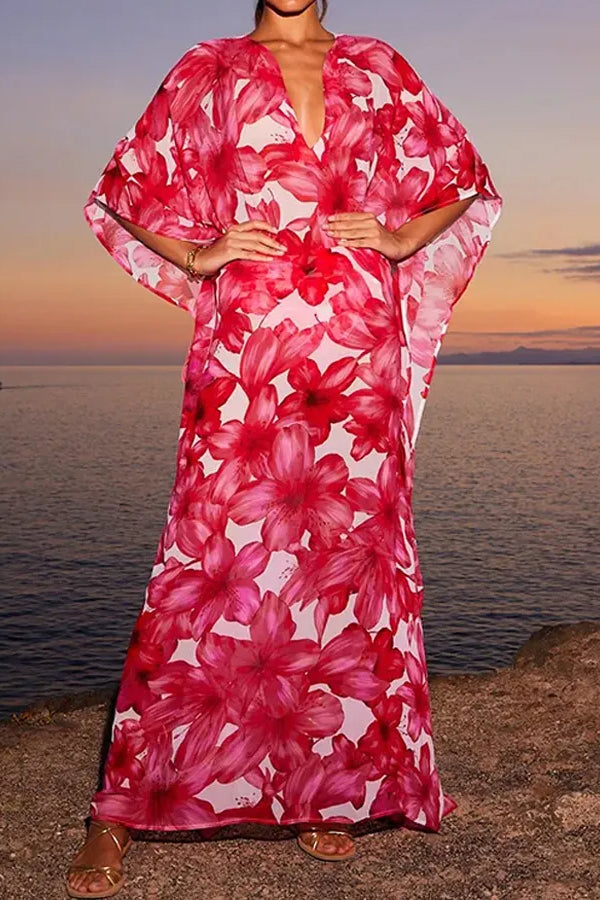 Beach Flower Print Swimsuit And Kimono