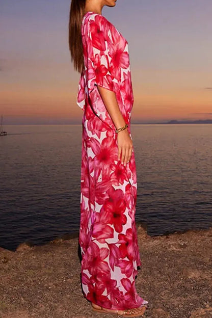 Beach Flower Print Swimsuit And Kimono