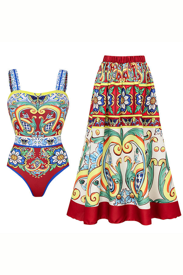 Sling Printed One Piece Swimsuit and Skirt