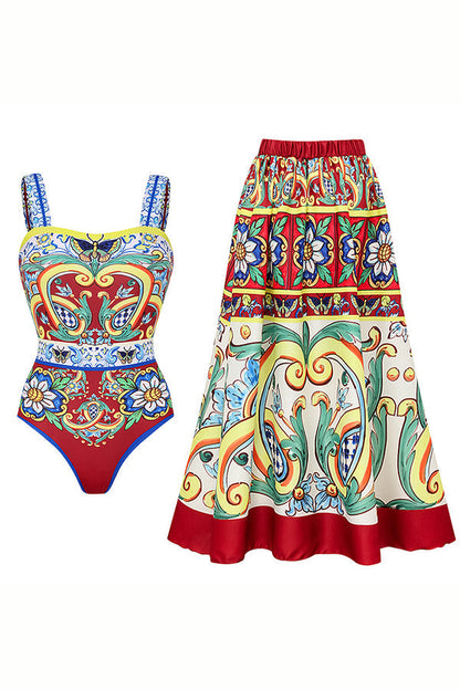 Sling Printed One Piece Swimsuit and Skirt