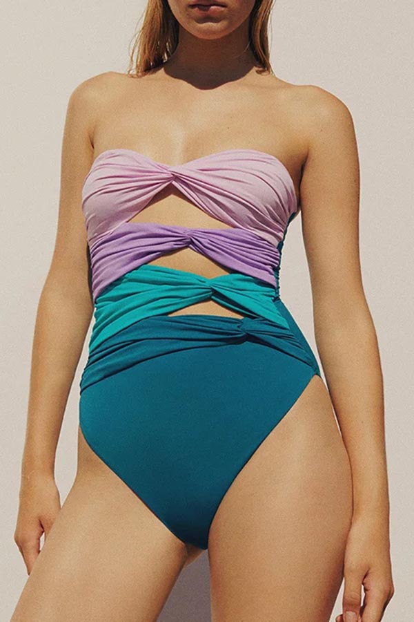 Color Block Cutout One Piece Swimsuit and Sarong