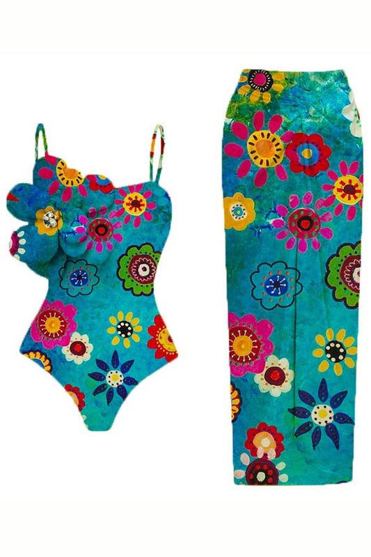 Floral Print 3d Flower One-Piece Swimsuit + Cover Skirt