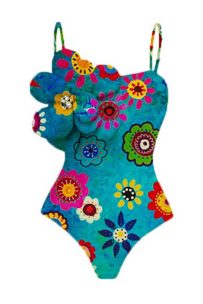 Floral Print 3d Flower One-Piece Swimsuit + Cover Skirt