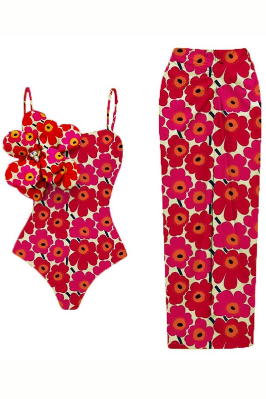 Floral Print 3d Flower One-Piece Swimsuit + Cover Skirt