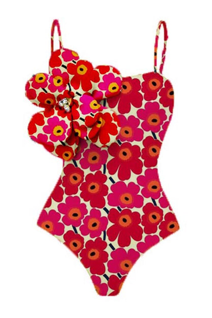 Floral Print 3d Flower One-Piece Swimsuit + Cover Skirt