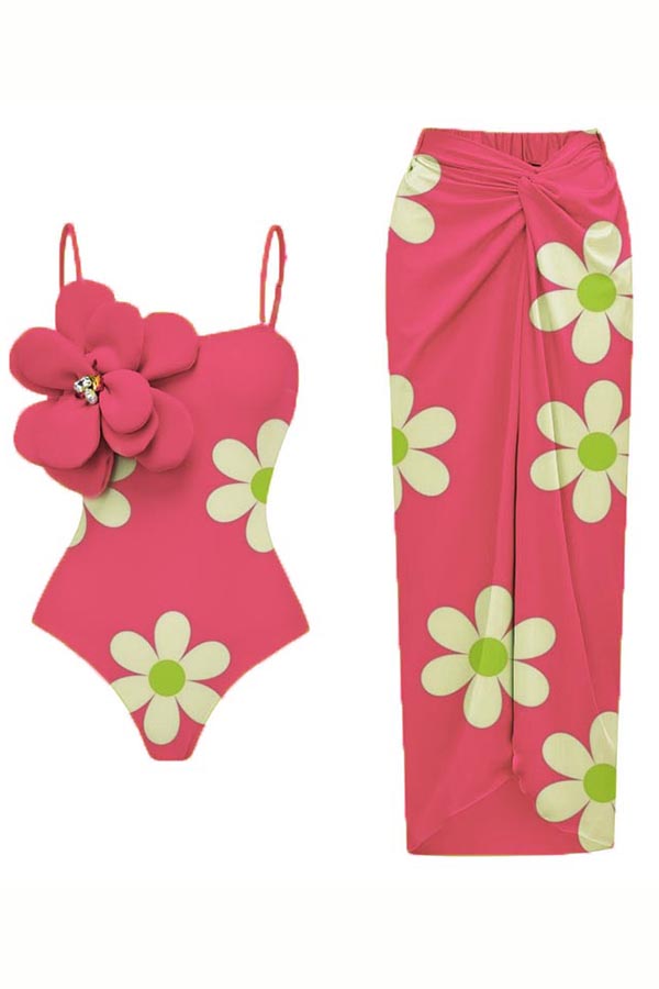 Floral Print 3d Flower One-Piece Swimsuit + Cover Skirt