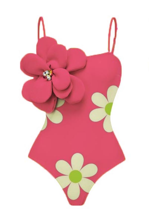 Floral Print 3d Flower One-Piece Swimsuit + Cover Skirt