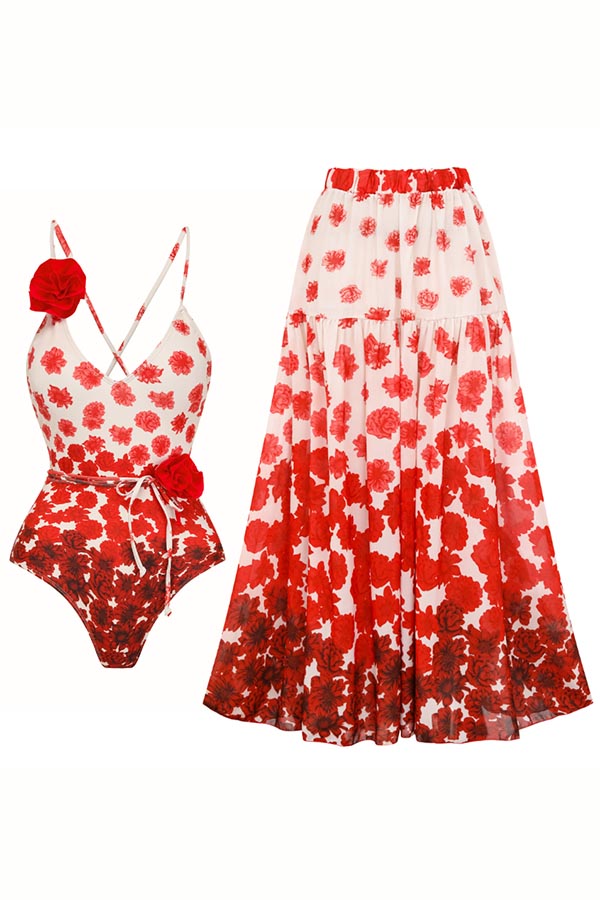 Flower Gradient Print 3D Small Flowers Straps One Piece Swimsuit and Skirt