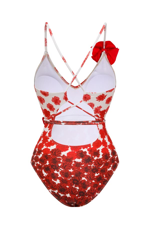 Flower Gradient Print 3D Small Flowers Straps One Piece Swimsuit and Skirt