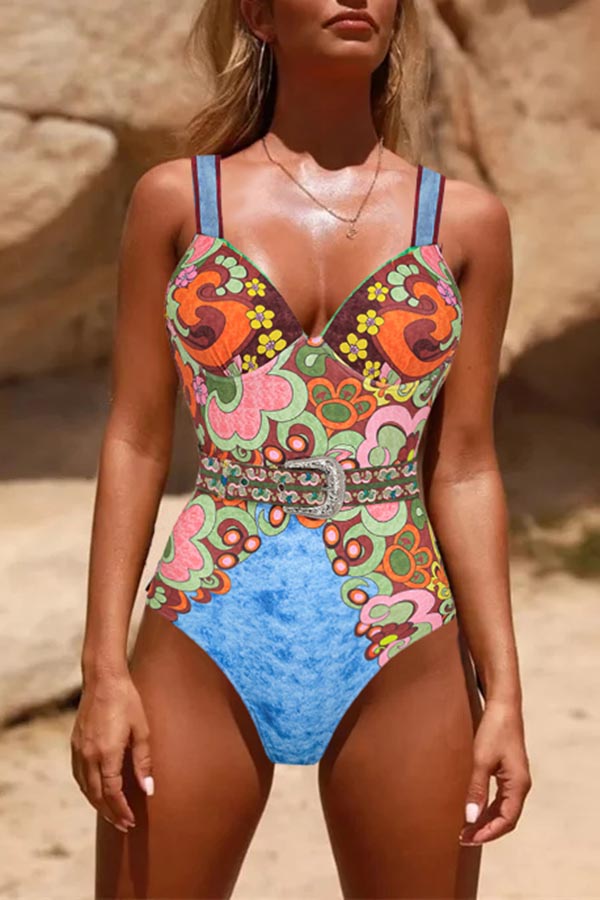 Sling Color Blcok Printed One Piece Swimsuit and Skirt