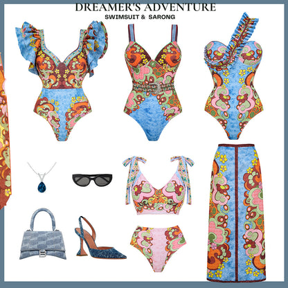 Sling Color Blcok Printed One Piece Swimsuit and Skirt