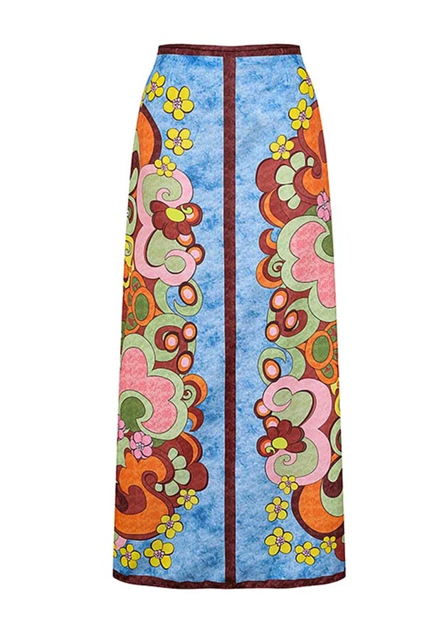 Sling Color Blcok Printed One Piece Swimsuit and Skirt