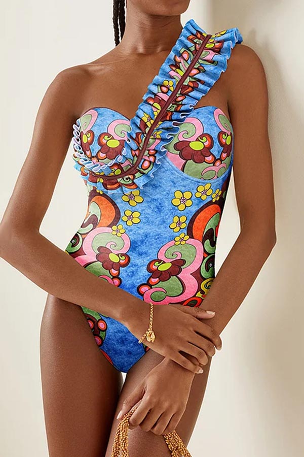 One Shoulder Underwired Printed One Piece Swimsuit and Skirt