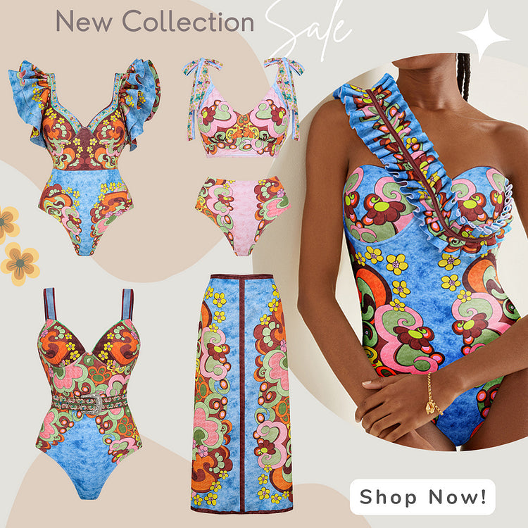 One Shoulder Underwired Printed One Piece Swimsuit and Skirt