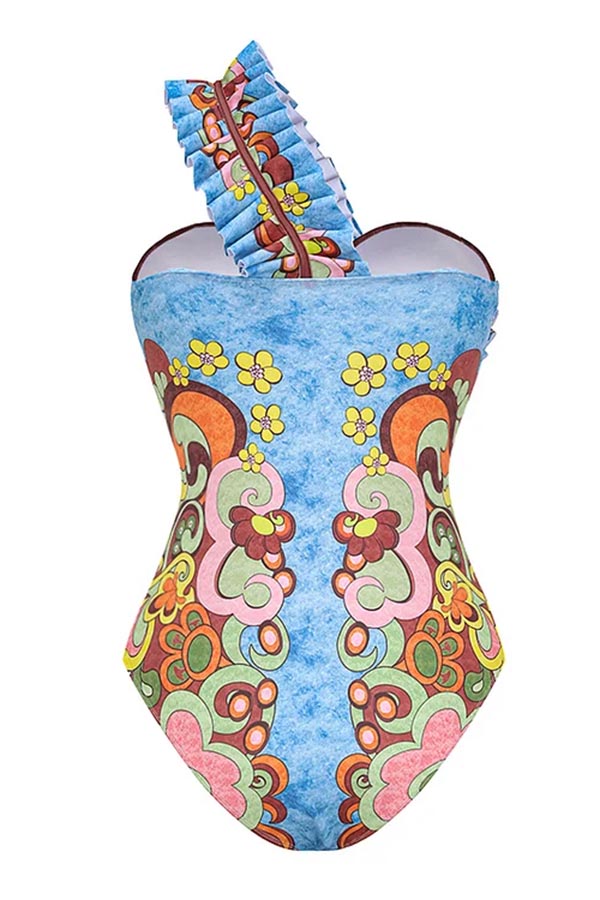 One Shoulder Underwired Printed One Piece Swimsuit and Skirt