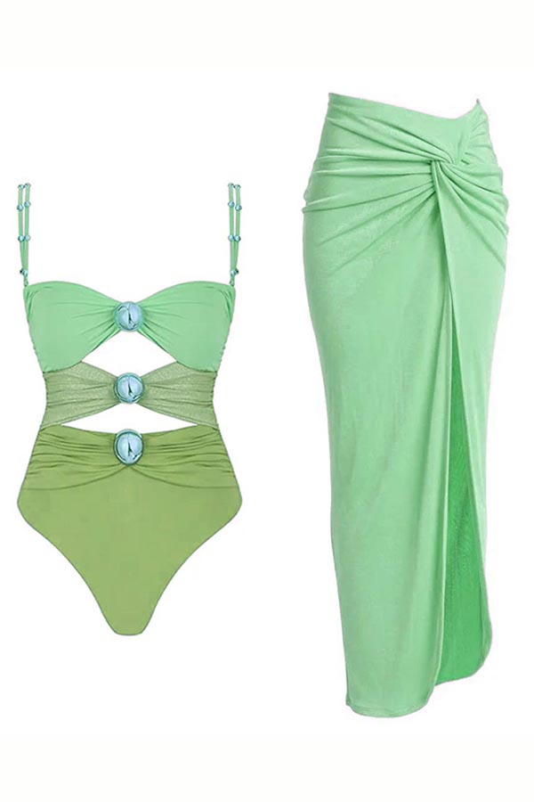 Color Block One Piece Swimsuit And Sarong