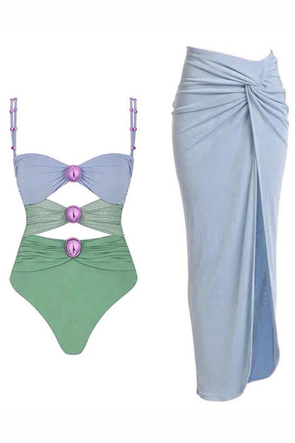 Color Block One Piece Swimsuit And Sarong