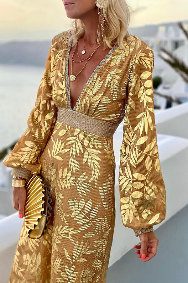 Leaf Gold Stamping Long Sleeve Dress