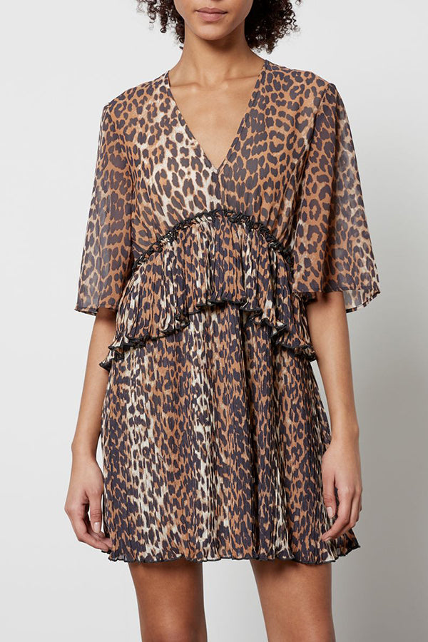 Ruffled Leopard-Print Chiffon Mini Dress