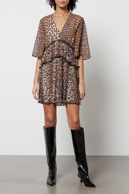 Ruffled Leopard-Print Chiffon Mini Dress