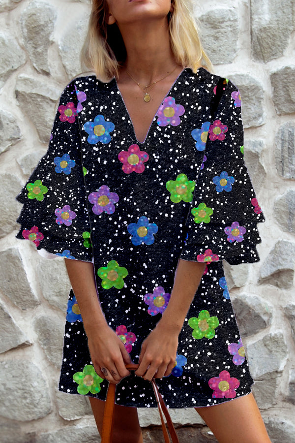 Floral Sequin Embroidered Tiered Sleeve Dress