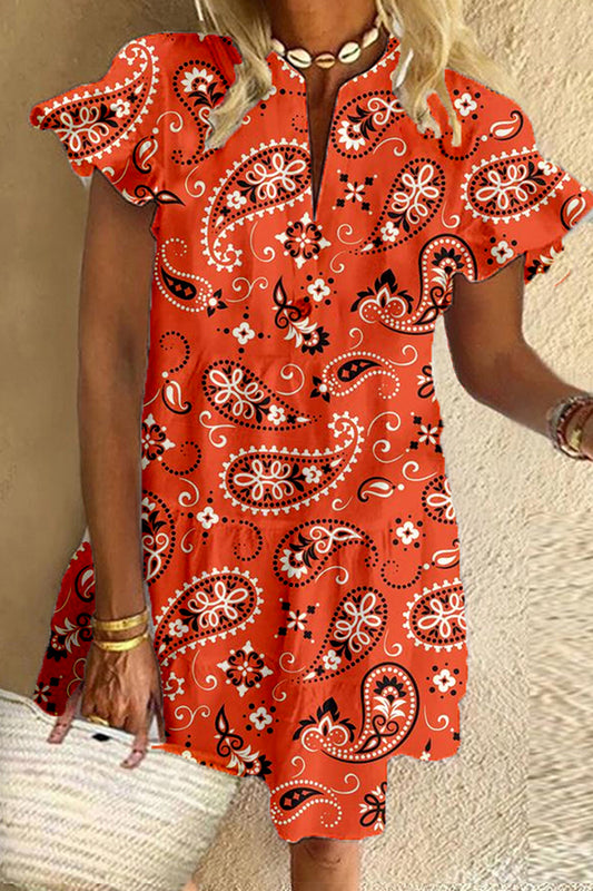 Orange Cashew Flower Print Cotton Dress