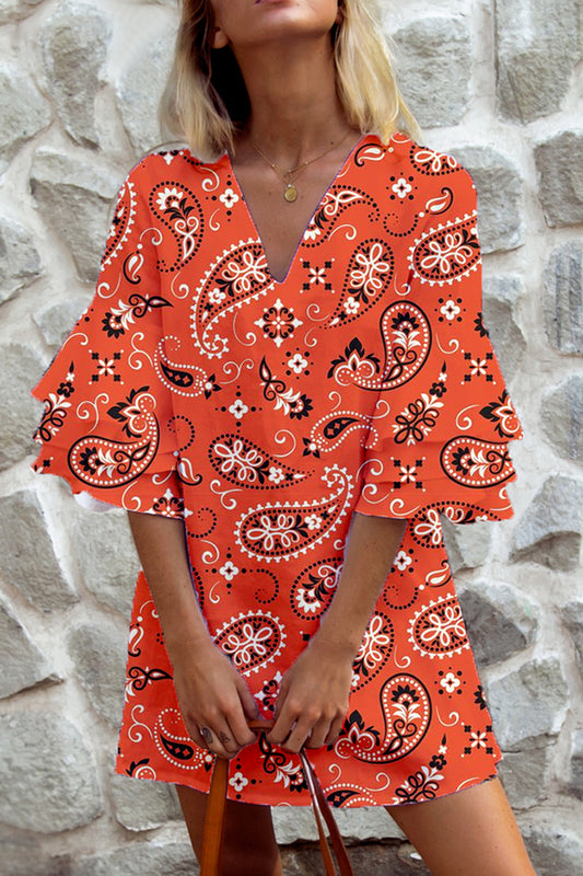 Orange Cashew Flower Print Layered Sleeve Dress