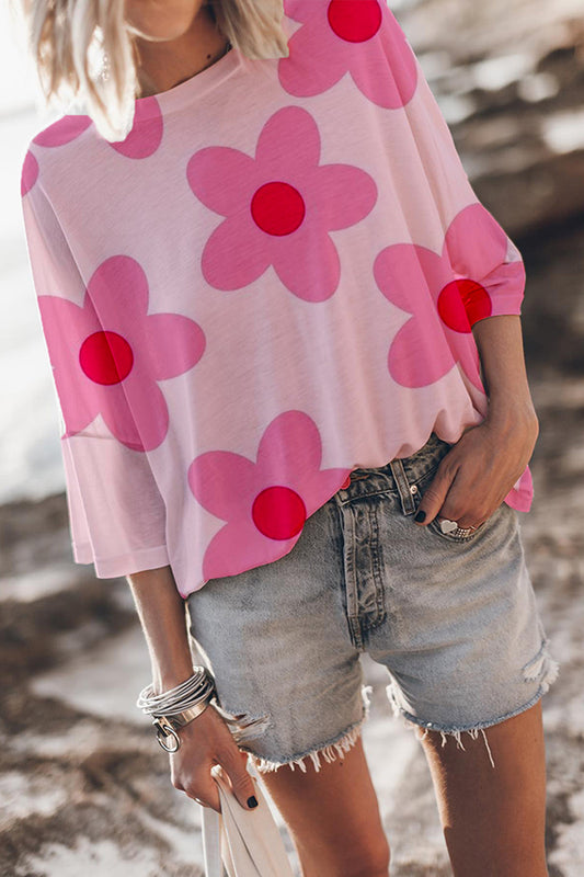 Pink Flower Print Breathable Ice Silk T-Shirt